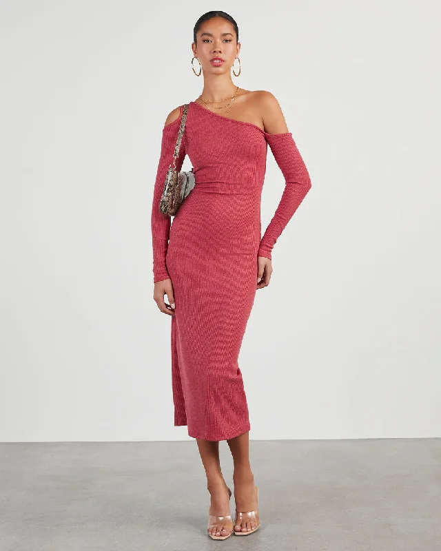 Pregnancy Blush Midi Dresses -Pregnancy Blush Midi Dresses -Regina Cutout One Shoulder Knit Midi Dress