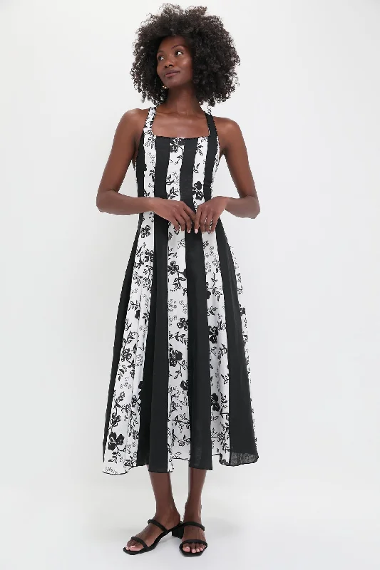 Peasant Bronze Midi Dresses -Peasant Bronze Midi Dresses -Black and White Floral Linen Midi Dress