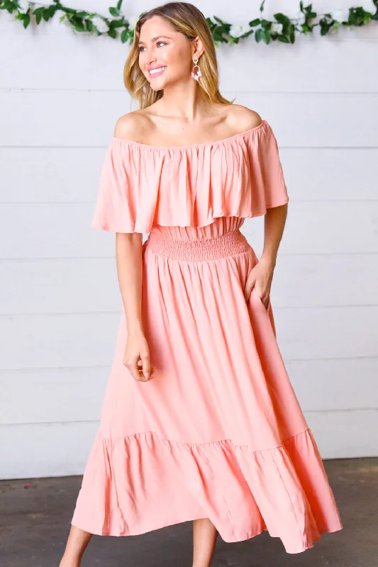 Whimsical Midi Dresses -Whimsical Midi Dresses -Coral off Shoulder Smocked Waist Ruffle Sleeve Midi Dress