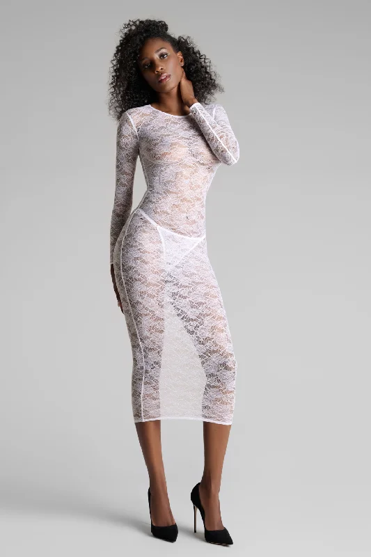 Champagne Tiered Festive Midi Dresses -Champagne Tiered Festive Midi Dresses -Flashback Lace Long Sleeve Midi Dress White