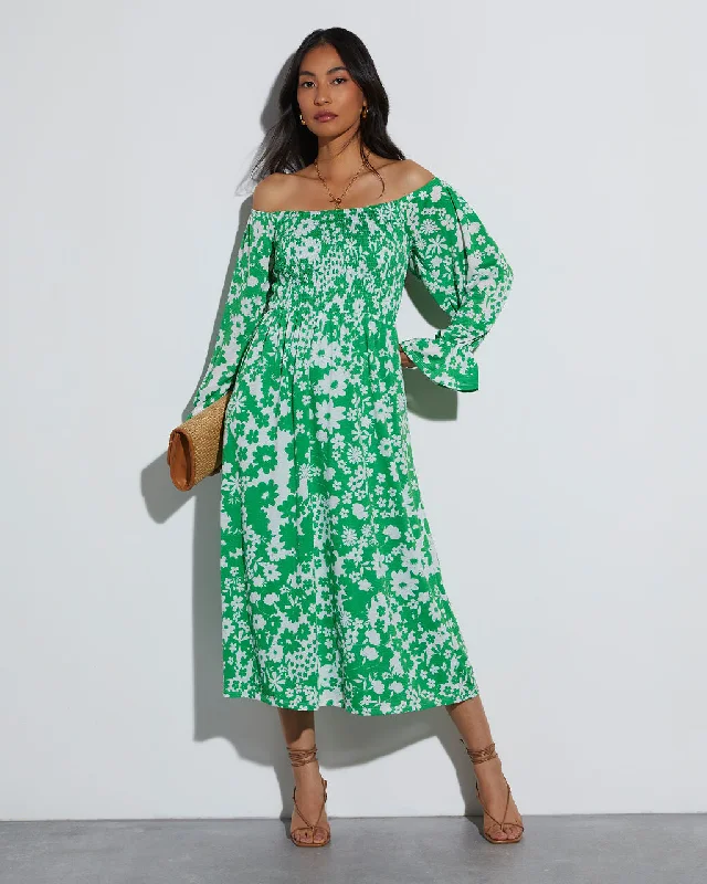 Shimmer Festive Midi Dresses -Shimmer Festive Midi Dresses -April Floral Off The Shoulder Midi Dress