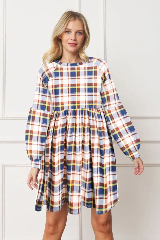 Free Spirit Pearl Midi Dresses -Free Spirit Pearl Midi Dresses -Plus Long Puff Sleeve Plaid Contrast Midi Dress