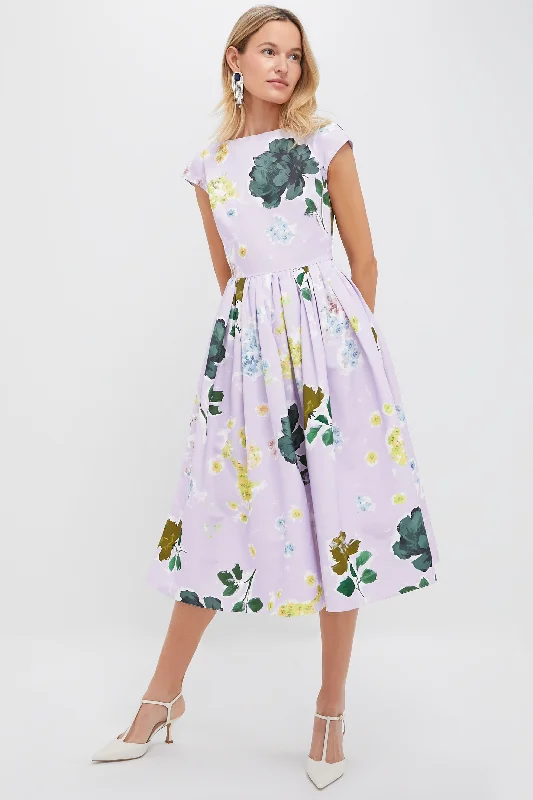 Graceful Festive Midi Dresses -Graceful Festive Midi Dresses -Margot Floral Lilac Boat Neck Full Skirt Midi Dress