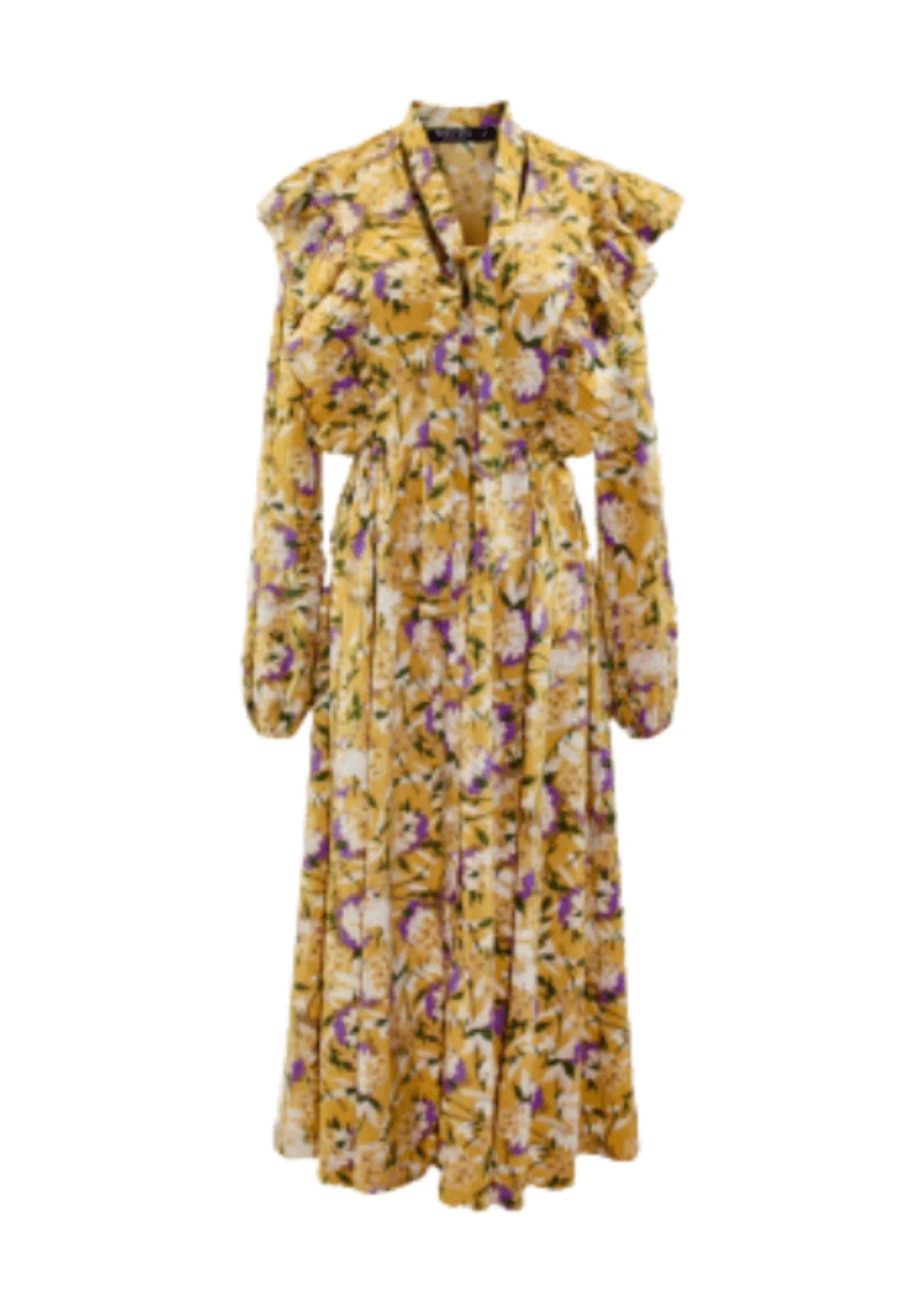 Graceful Net Midi Dresses -Graceful Net Midi Dresses -FLORAL BUTTON-DOWN MIDI DRESS - YELLOW