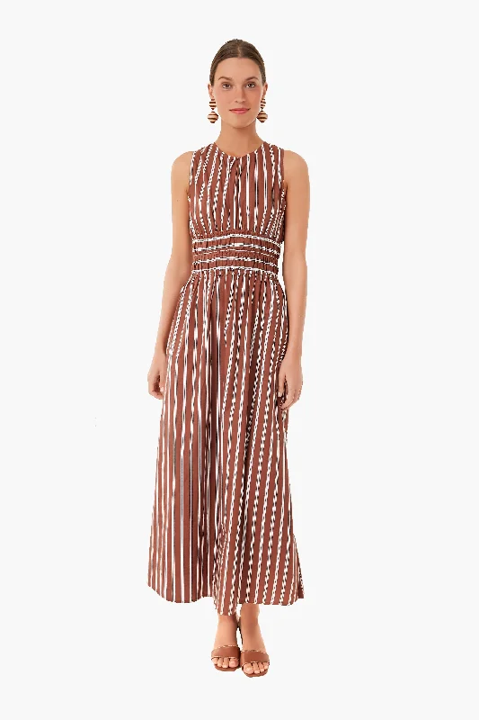 Peasant Sand Midi Dresses -Peasant Sand Midi Dresses -Cinnamon Maya Stripe Jean Midi Dress