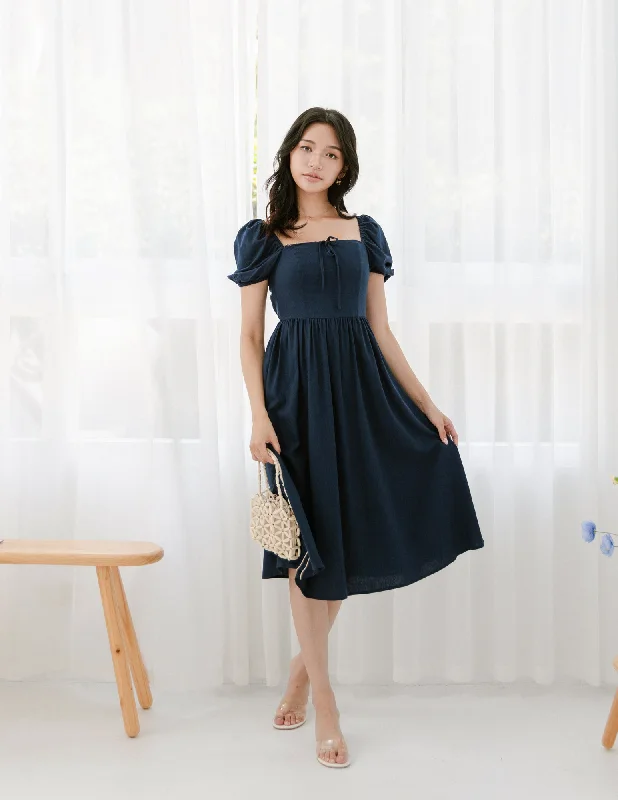 Poplin Midi Dresses -Poplin Midi Dresses -Kristy Lace Trimmed Midi Dress in Navy