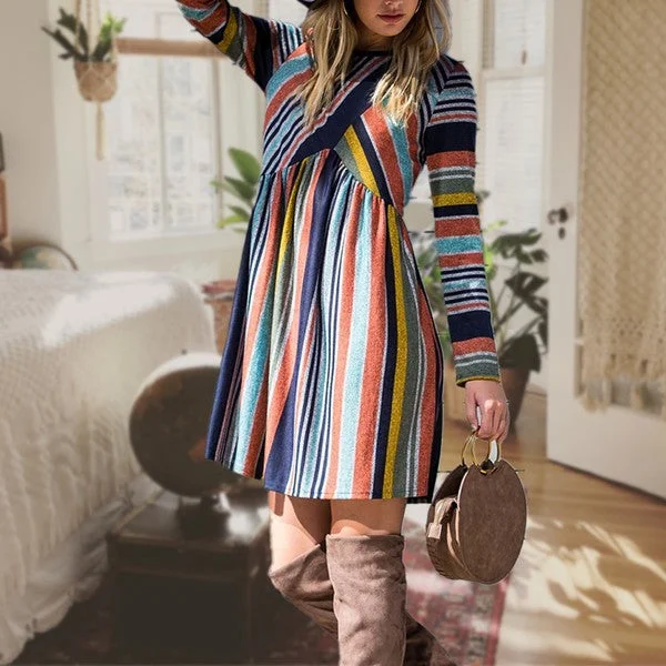 Sky Midi Dresses -Sky Midi Dresses -Multi Color Cross Stripe Midi Dress