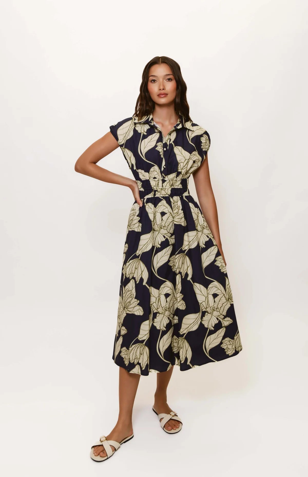 Sunflower Chambray Daywear Midi Dresses -Sunflower Chambray Daywear Midi Dresses -ALORA FLORAL MIDI DRESS