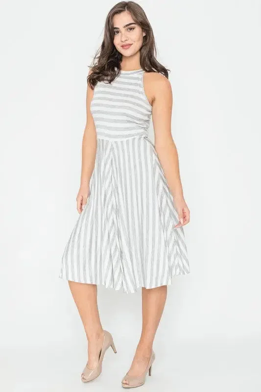 Cobalt Relaxed Fit Gala Midi Dresses -Cobalt Relaxed Fit Gala Midi Dresses -Stripe Halter Neck Midi Swing Dress