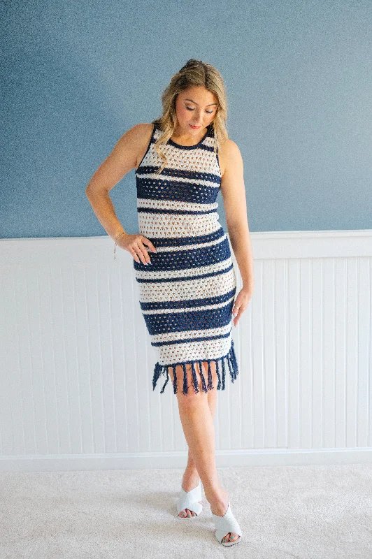 Free Spirit Pearl Midi Dresses -Free Spirit Pearl Midi Dresses -Navy and Cream Striped Crochet Midi Dress