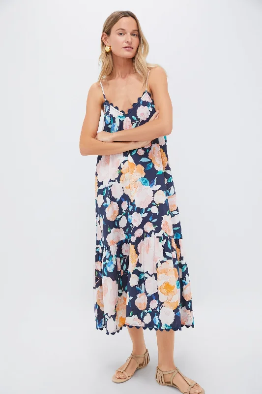 Easy Twill Sunny Midi Dresses -Easy Twill Sunny Midi Dresses -Midnight and Multi V-Neck Midi Dress in Peony Print with Ric Rac Trim