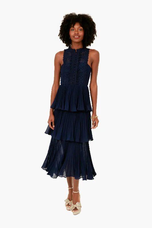 Pearl Free Spirit Work Midi Dresses -Pearl Free Spirit Work Midi Dresses -Navy Cotton Broderie Tiered Midi Dress