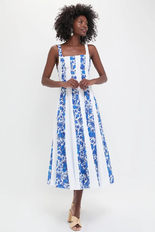 Voluptuous Sunny Midi Dresses -Voluptuous Sunny Midi Dresses -White and Blue Floral Linen Midi Dress