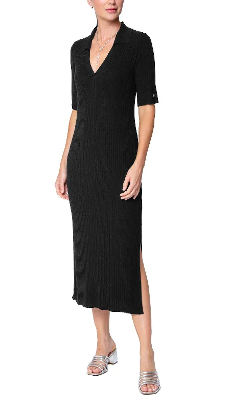 Forest Fresh Midi Dresses -Forest Fresh Midi Dresses -Gillian Rib Knit Midi Polo Dress; Black