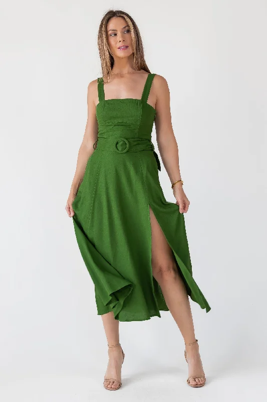 Apricot Checkered Midi Dresses -Apricot Checkered Midi Dresses -Green Linen Belted Midi Dress