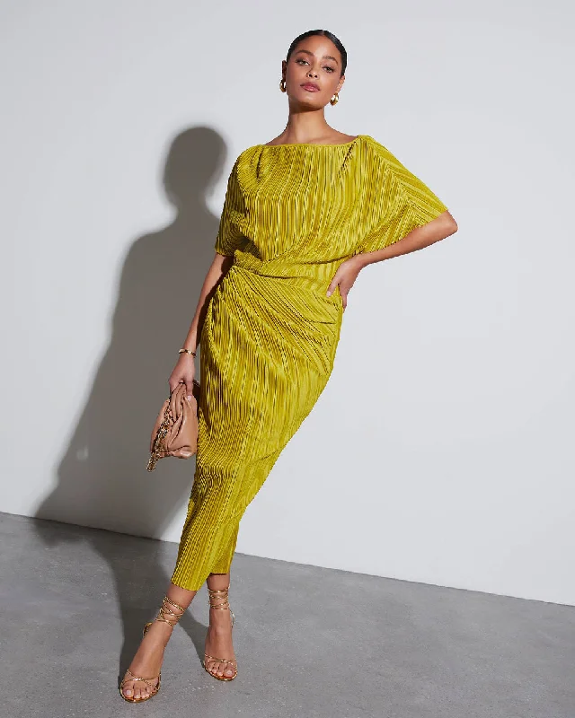 Olive Shimmer Midi Dresses -Olive Shimmer Midi Dresses -Elisha Plisse Short Sleeve Midi Dress