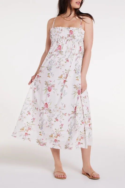 Easy Twill Sunny Midi Dresses -Easy Twill Sunny Midi Dresses -Margot Smocked Spaghetti Strap Midi Dress in White Floral