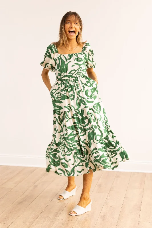 Pregnancy Blush Midi Dresses -Pregnancy Blush Midi Dresses -Elizabeth Midi Dress, Green & Ivory