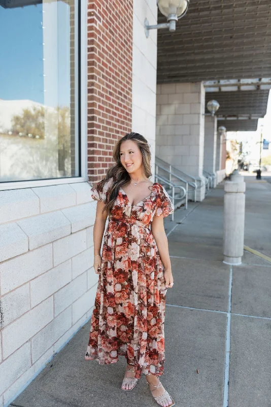 Coral Radiant Picnic Midi Dresses -Coral Radiant Picnic Midi Dresses -Rust Floral Puff Sleeve Midi Dress