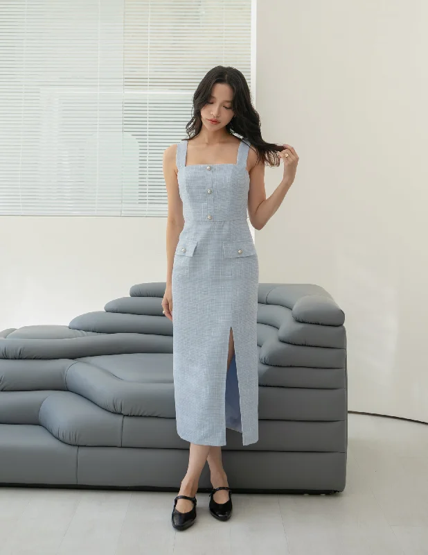 Graceful Thrifty Midi Dresses -Graceful Thrifty Midi Dresses -Calista Tweed Midi Dress in Blue