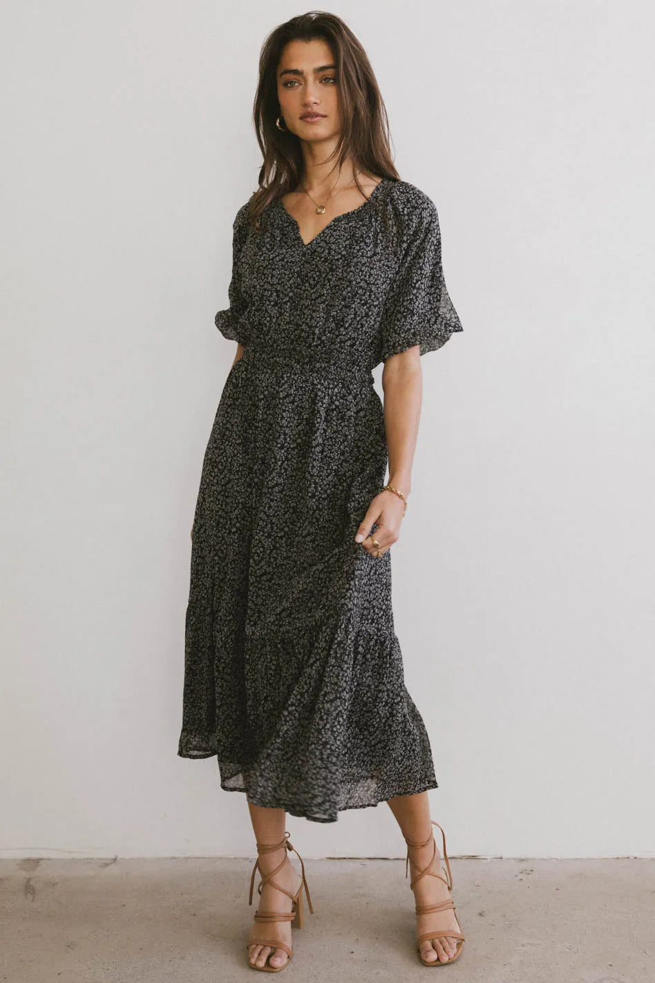 Charcoal Quilted Gala Midi Dresses -Charcoal Quilted Gala Midi Dresses -Allorah Ditsy Floral Midi Dress