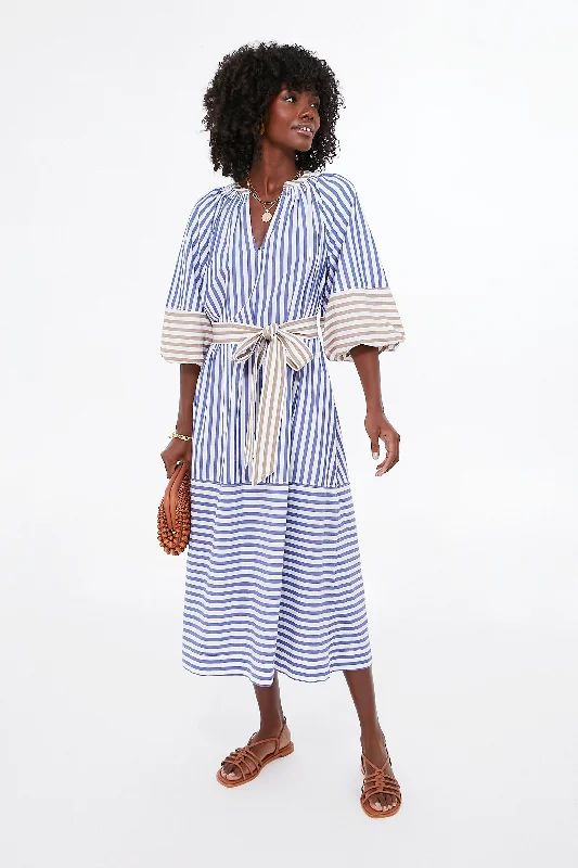 Champagne Twill Sunny Midi Dresses -Champagne Twill Sunny Midi Dresses -Tan and Blue Stripe Combo Sun Mesa Midi