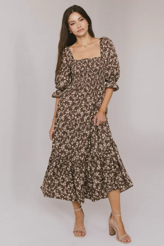 Bronze Subtle Daywear Midi Dresses -Bronze Subtle Daywear Midi Dresses -Kiran Floral Midi Dress in Brown