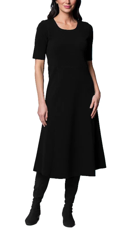 Easy Twill Midi Dresses -Easy Twill Midi Dresses -Nora Milano Knit Short Sleeved Fit-And-Flare Midi Dress; Black