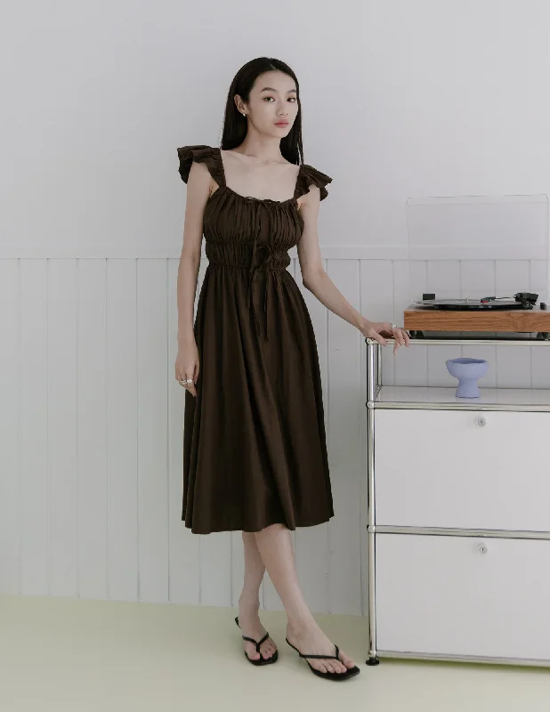 Cutout Midi Dresses -Cutout Midi Dresses -Sylvie Tie Front Linen Midi Dress in Coffee