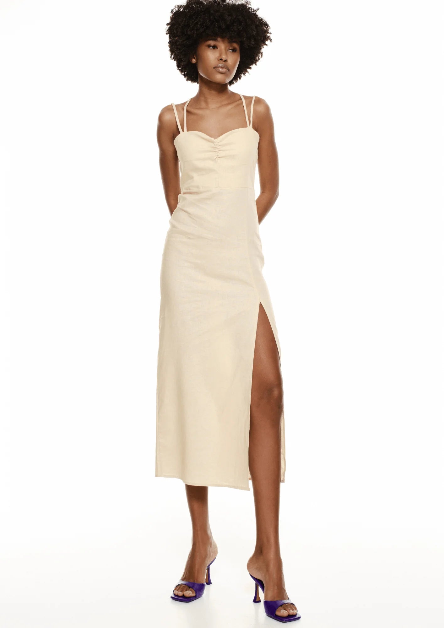 Wine Bare Gala Midi Dresses -Wine Bare Gala Midi Dresses -BEIGE LINEN MIDI DRESS