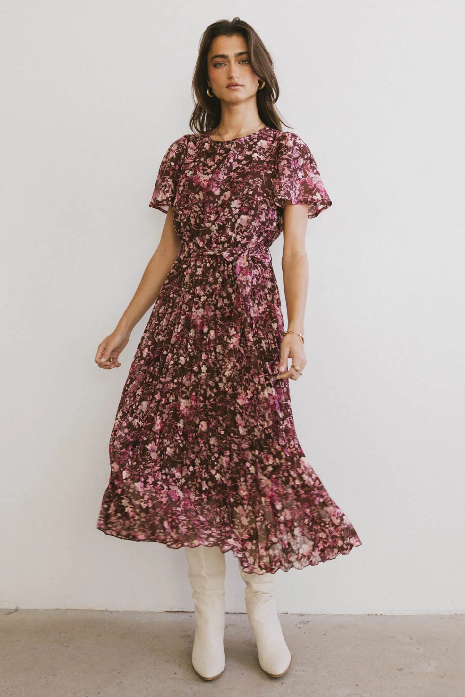 Wine Leopard Midi Dresses -Wine Leopard Midi Dresses -Mary Anne Floral Midi Dress in Brown