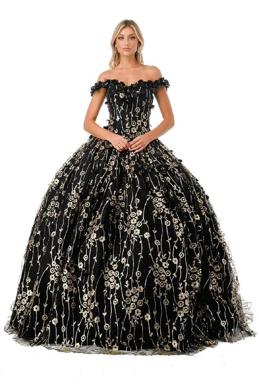 Ash Warm Evening Dress -3D Floral Off Shoulder Glitter Ball Gown by Coya L2766A