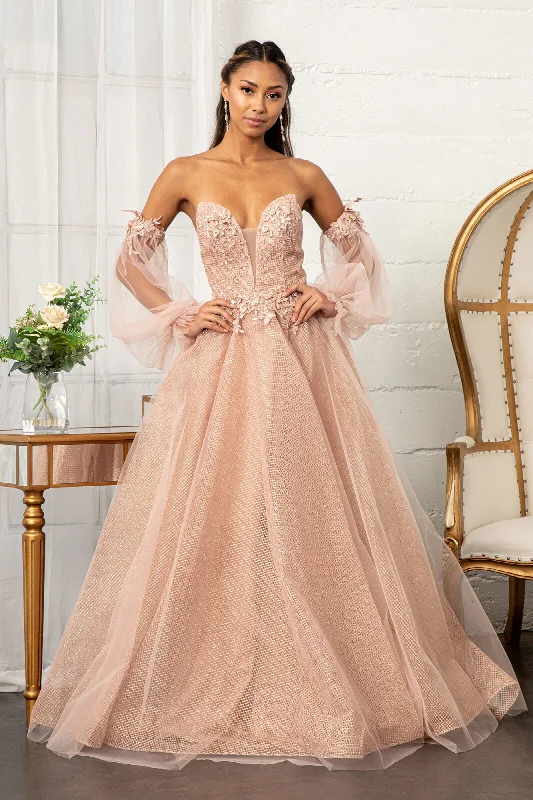 Luxe Banquet Evening Dress -3D Floral Puff Sleeve Gown by Elizabeth K GL3015