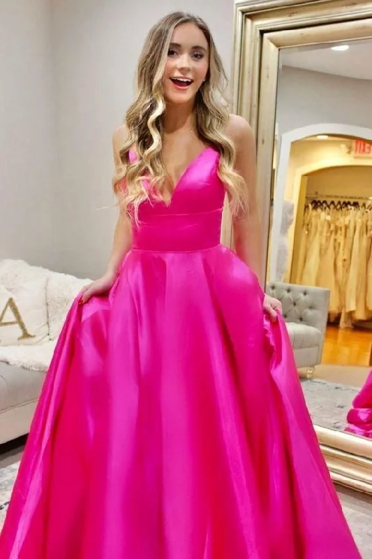 Royal Column Reception Evening Dress -A-Line Hot Pink Prom Dress V Neck Evening Dress C2309