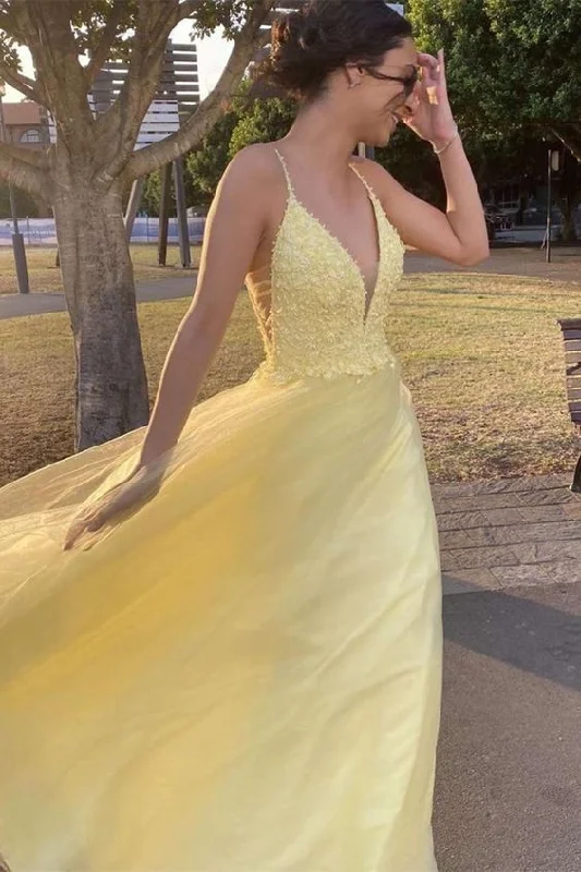 Fishtail Evening Dress -A Line V Neck Yellow Lace Long Prom Dresses, V Neck Yellow Lace Formal Graduation Evening Dresses  C2282