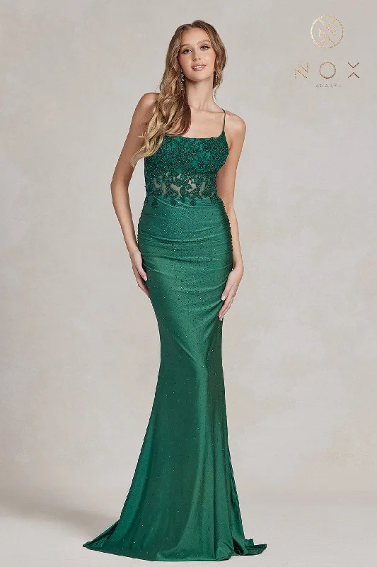 Golden Flowing Evening Dress -Embroidered Corset Mermaid Gown by Nox Anabel E1186