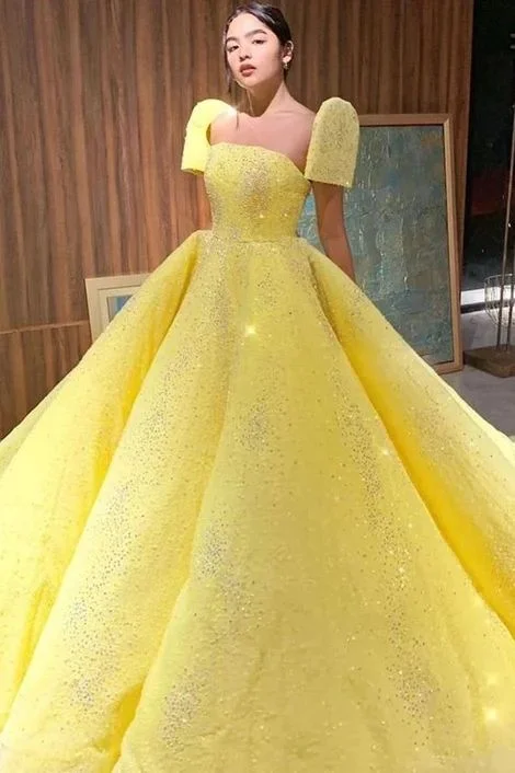 Brocade Evening Dress -Ball Gown Sparkly Yellow Short Sleeves Prom Dresses Evening Dress  C2152