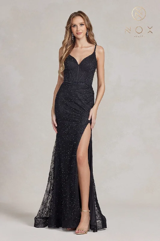 Hourglass Banquet Evening Dress -Fitted Beaded Floral Lace Gown by Nox Anabel B1145