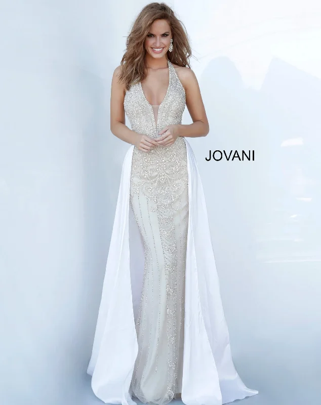 Merlot Evening Dress -Beaded Halter Overskirt Gown by Jovani 3698