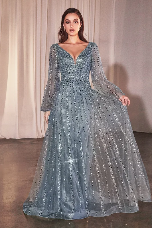 Netting Evening Dress -Beaded Long Sleeve A-line Gown by Ladivine CD0240