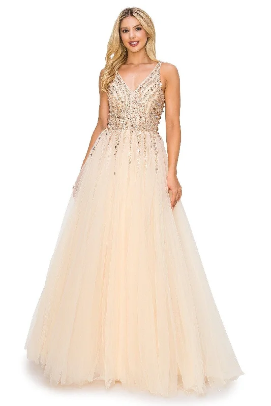 Open Reception Evening Dress -Beaded Long V-Neck Tulle Dress by Cinderella Couture 8034J