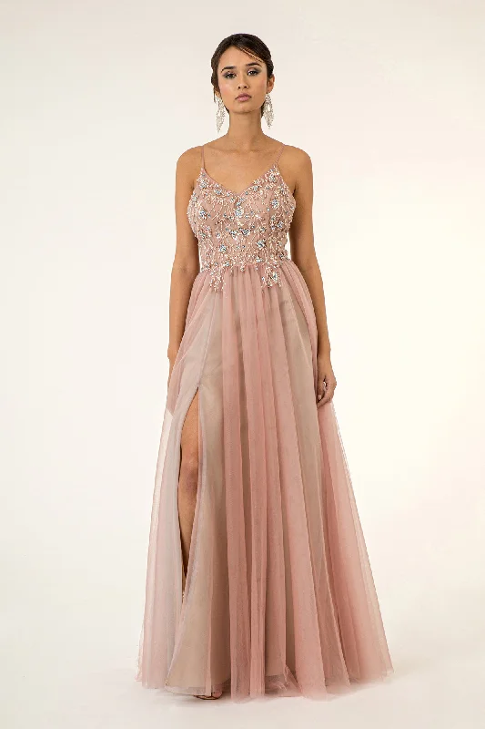 Fluted Soiree Evening Dress -Beaded Sleeveless Slit Gown by Elizabeth K GL2983