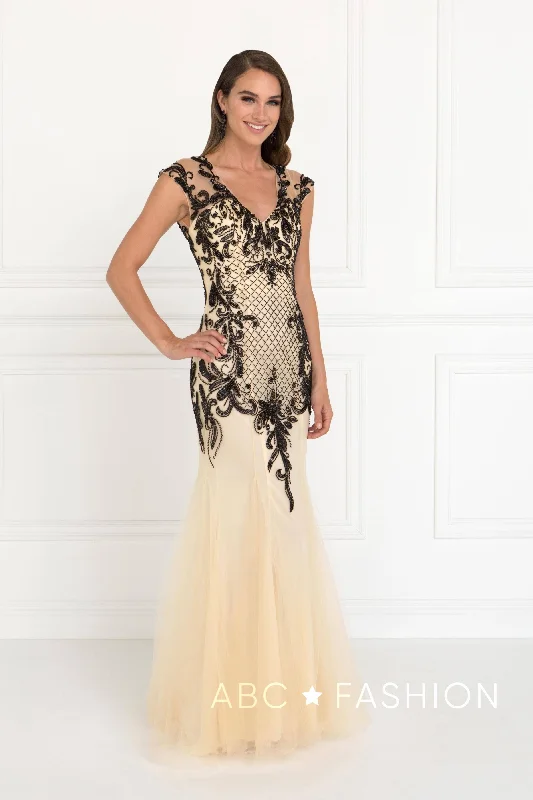 Opulent Matrimonial Evening Dress -Beaded Tulle Champagne/Black Mermaid Gown by Elizabeth K GL2169