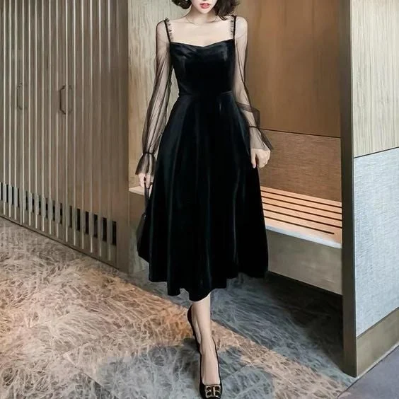 Admiral Damask Evening Dress -Black formal dress vintage velvet evening dress long sleeve party dress slimming prom dress simple party dress C2227