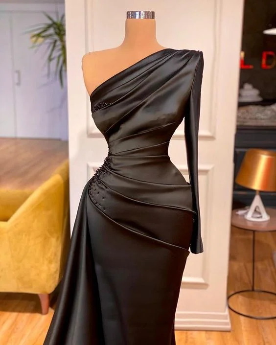 Full-Length Fawn Evening Dress -Black Prom Dress One Sleeve Floor Length evening dress C2193