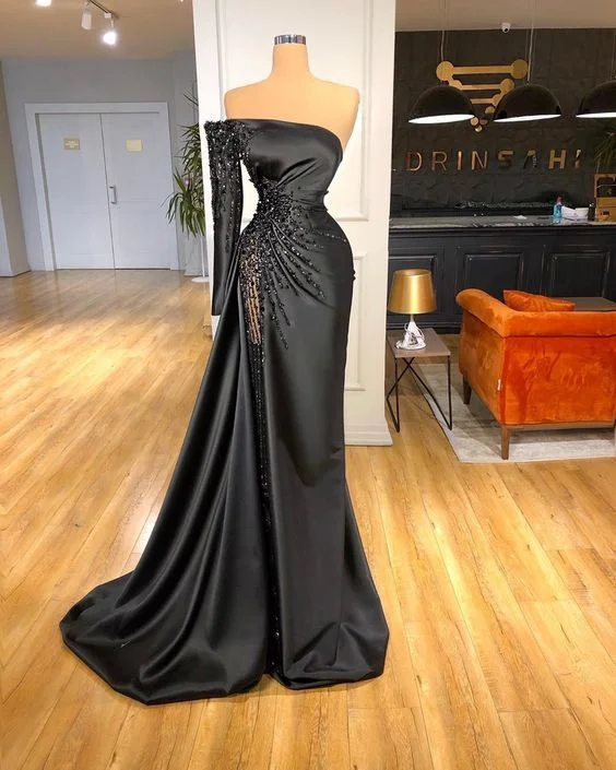 Bespoke Evening Dress -Black Split Side Mermaid Satin Evening Party Prom Dress C2142