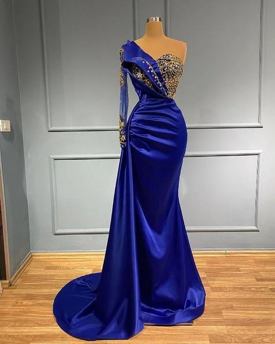 Uneven Reception Evening Dress -Blue long mermaid evening gowns long prom dress C1991