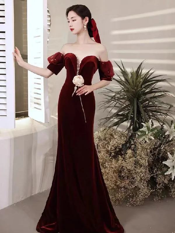 Strappy Reception Evening Dress -Burgundy party dress,off shoulder evening dress,velvet mermaid long prom dress,backless sexy formal dress,custom made  C2094