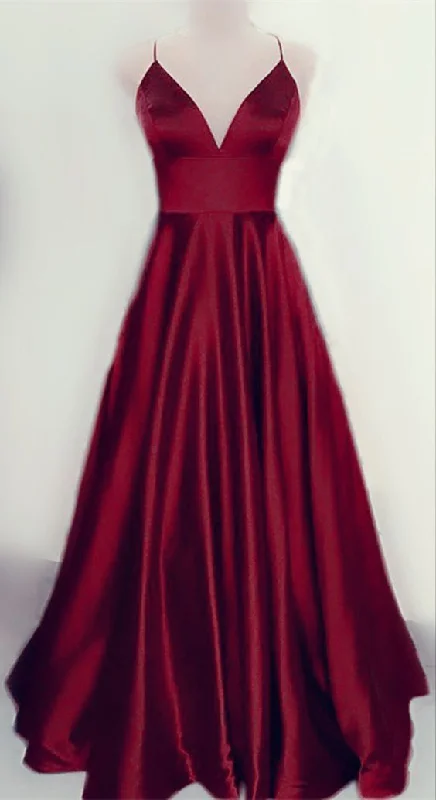 Admiral Damask Evening Dress -Burgundy spaghetti strapssimple prom dress C2086