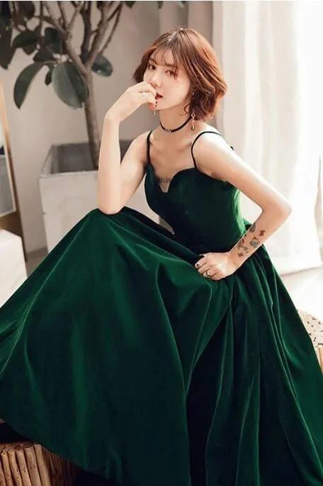 Golden Netting Evening Dress -Charming Spaghetti Straps Sweetheart Sleeveless A Line Prom Dress Green Velvet Prom Dress C2228